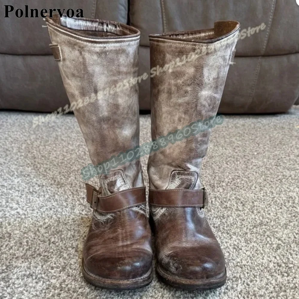 

Retro Style Mid Calf Beveled Buckle Strap Boots Flats Handmade Shoes For Women Slip On Round Toe Fashion 2026 Zapatos Para Mujer