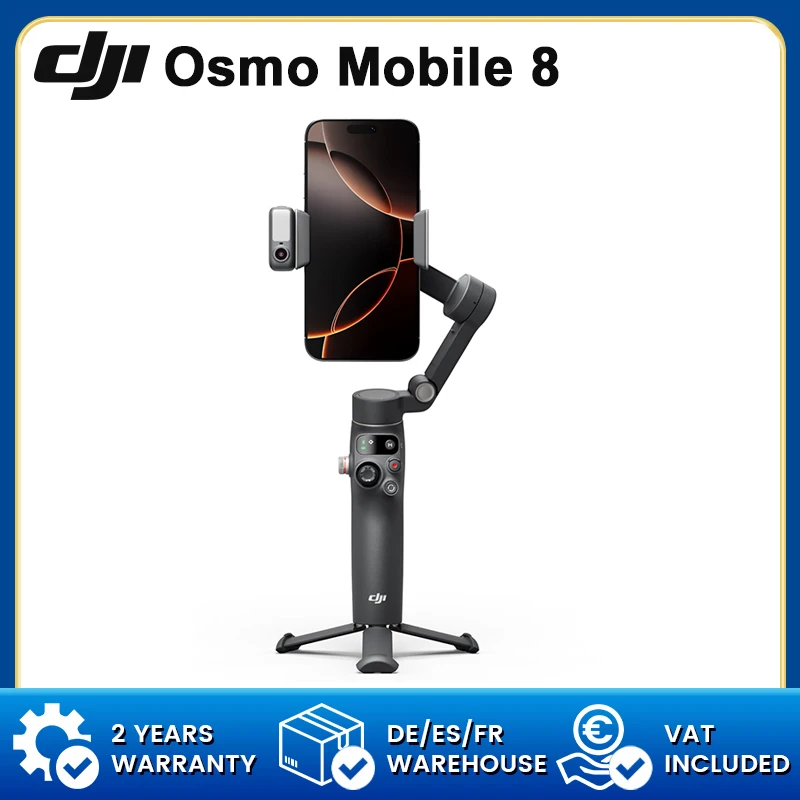 DJI Osmo Mobile 8 Handheld-Gimbal mit nativer Tracking-Funktion, integrierten Audio- und Beleuchtungsfunktionen, eingebauter Verlängerungsstange und Stativstabilisator für Smartphones.