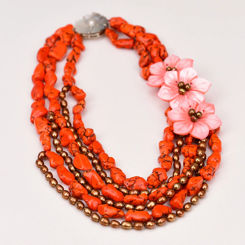 G-G Heavy Jewelry 6 Rows Coffee Color Rice Pearl Freedom Orange Turquoise Nugget Beads Necklace Pink Shell Flower Pendant