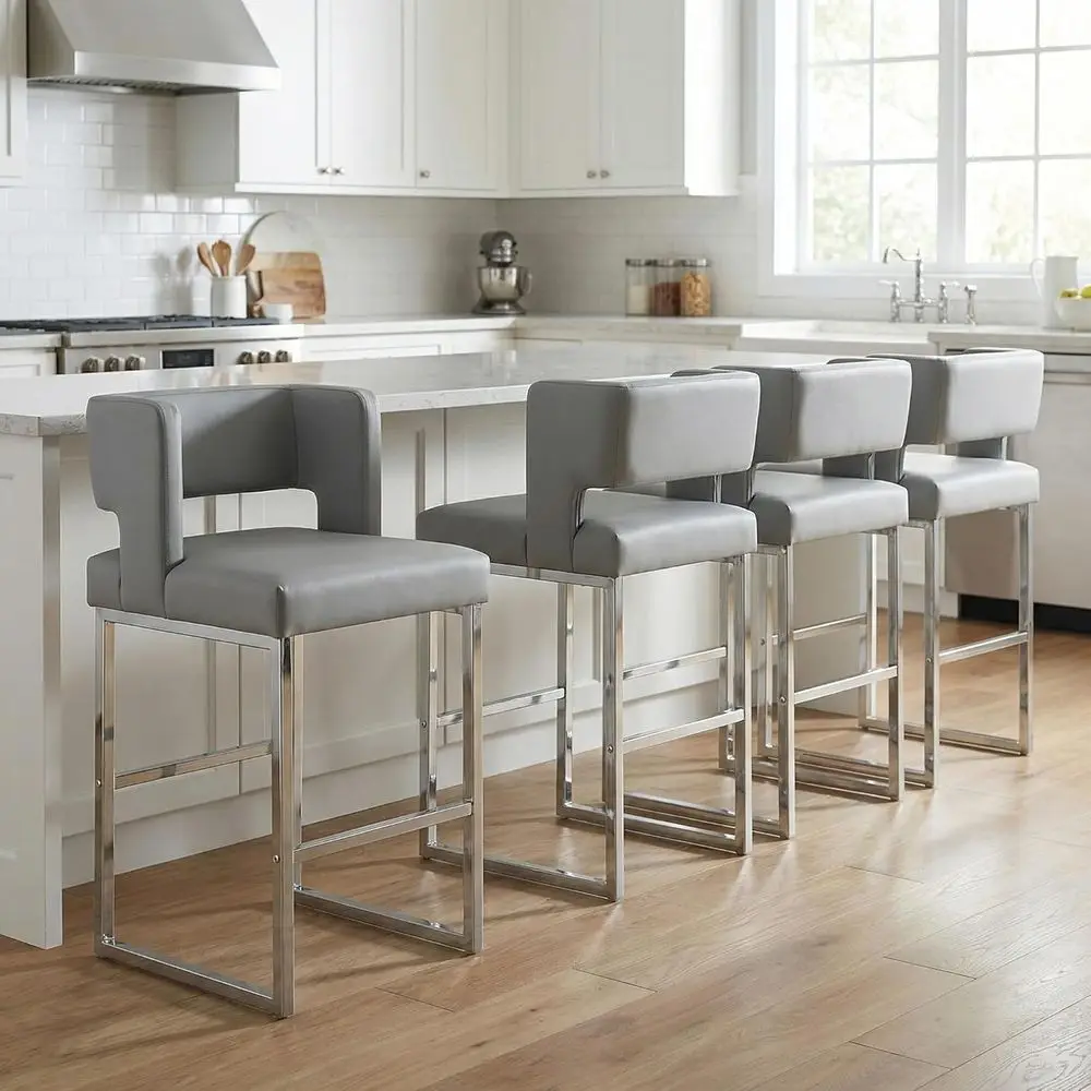 

Набор из 4 барных стульев для кухонного острова, с высокой спинкой и подлокотниками, сиденья из искусственной кожи, металлические ножки, серый и серебристый цвета.