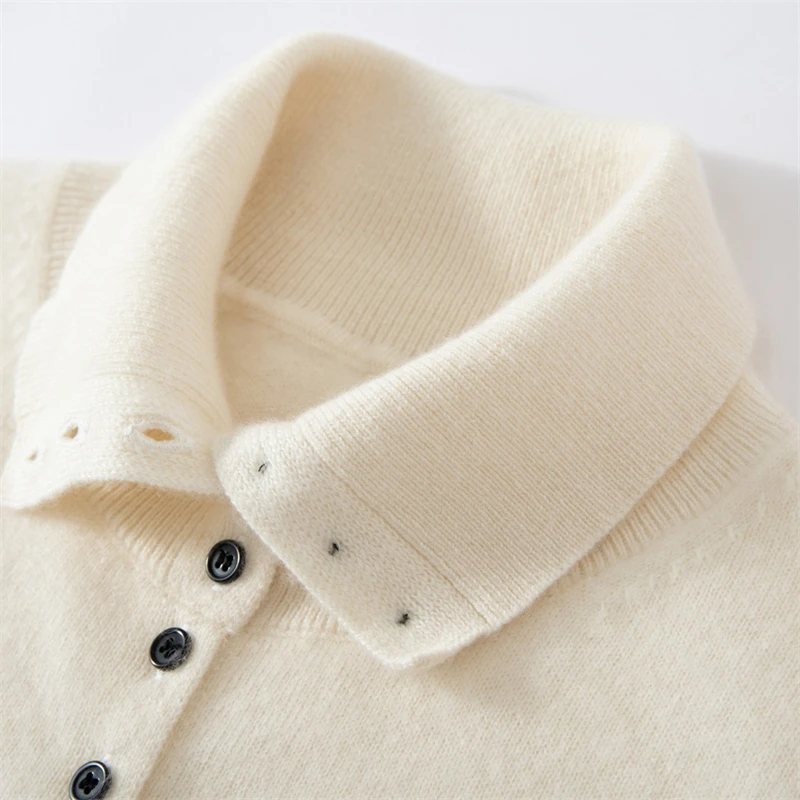 Autumn Winter 100% Cashmere Multi-Button Stand Collar Long Sleeve Cardigan Women Solid Color Casual Textured Commuter Knit Coat