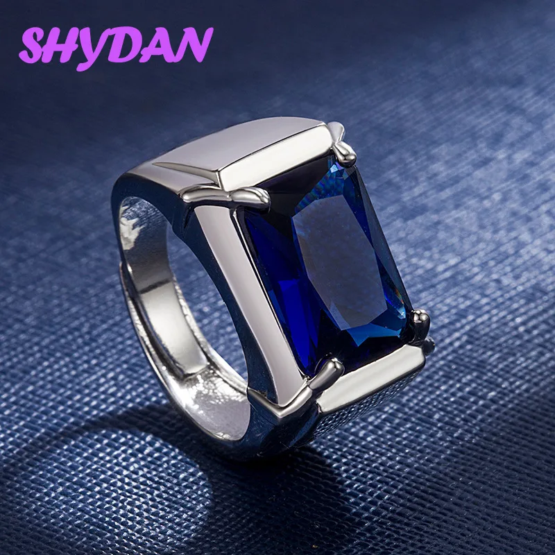 SHYDAN 925 Silber Großer Quadratischer Blauer Verstellbarer Ring für Herren Damen Modeschmuck