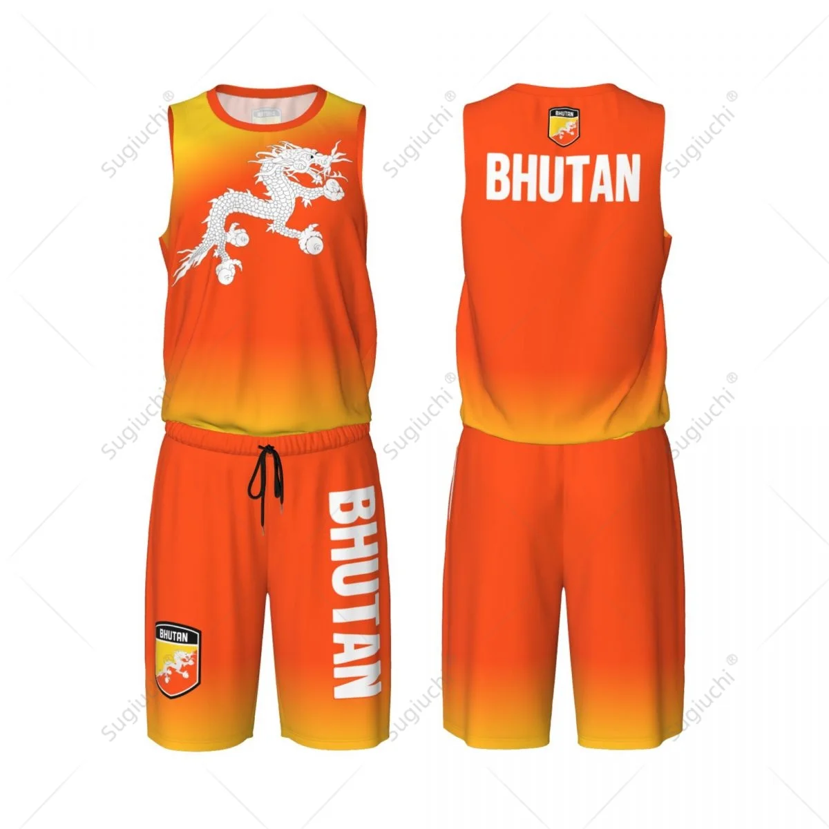 Men Bhutan Flag Basketball Jersey Set Mesh Shirt & Pants Sleeveless Exclusive Team-up Custom Name Nunber Unisex