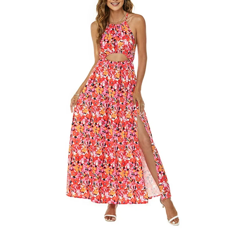 Libeliy moda cintura alta plissado vestido de festa elegante floral impressão oco para fora vestidos longos feminino sexy halter sem mangas bohe