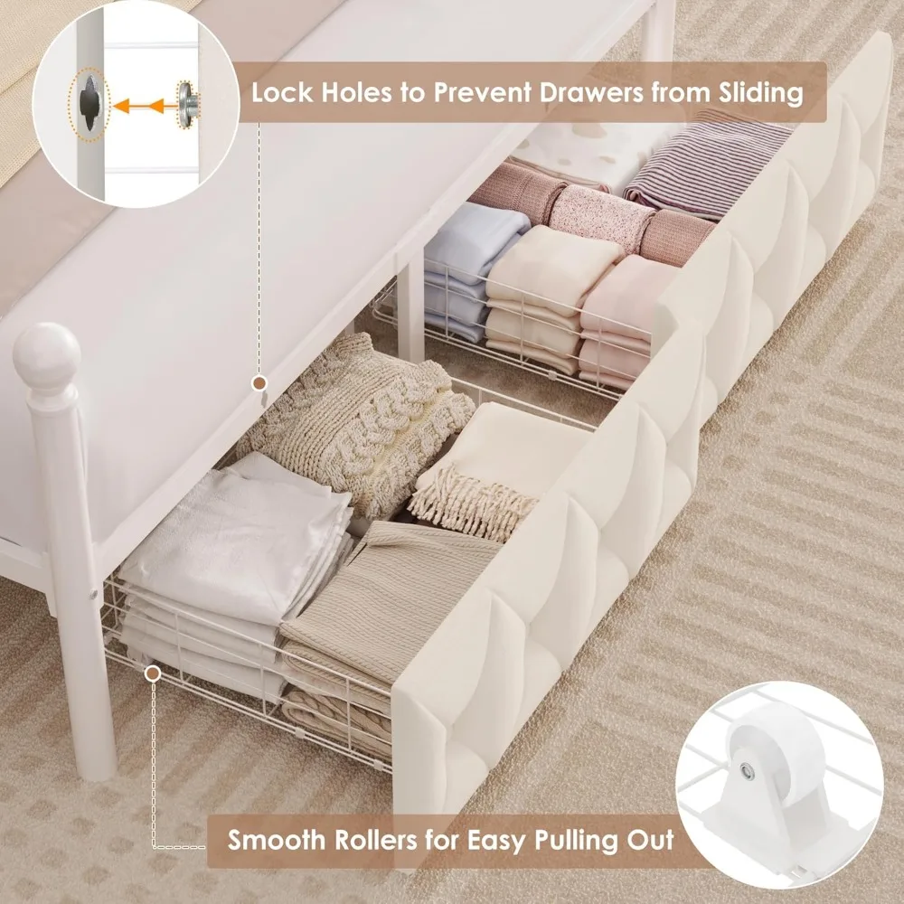 إطار سرير بمظلة LED منجد بحجم كوين مع محطة تخزين وشحن، لوح رأسي للتخزين معنقدة بأزرار مع كتب #5