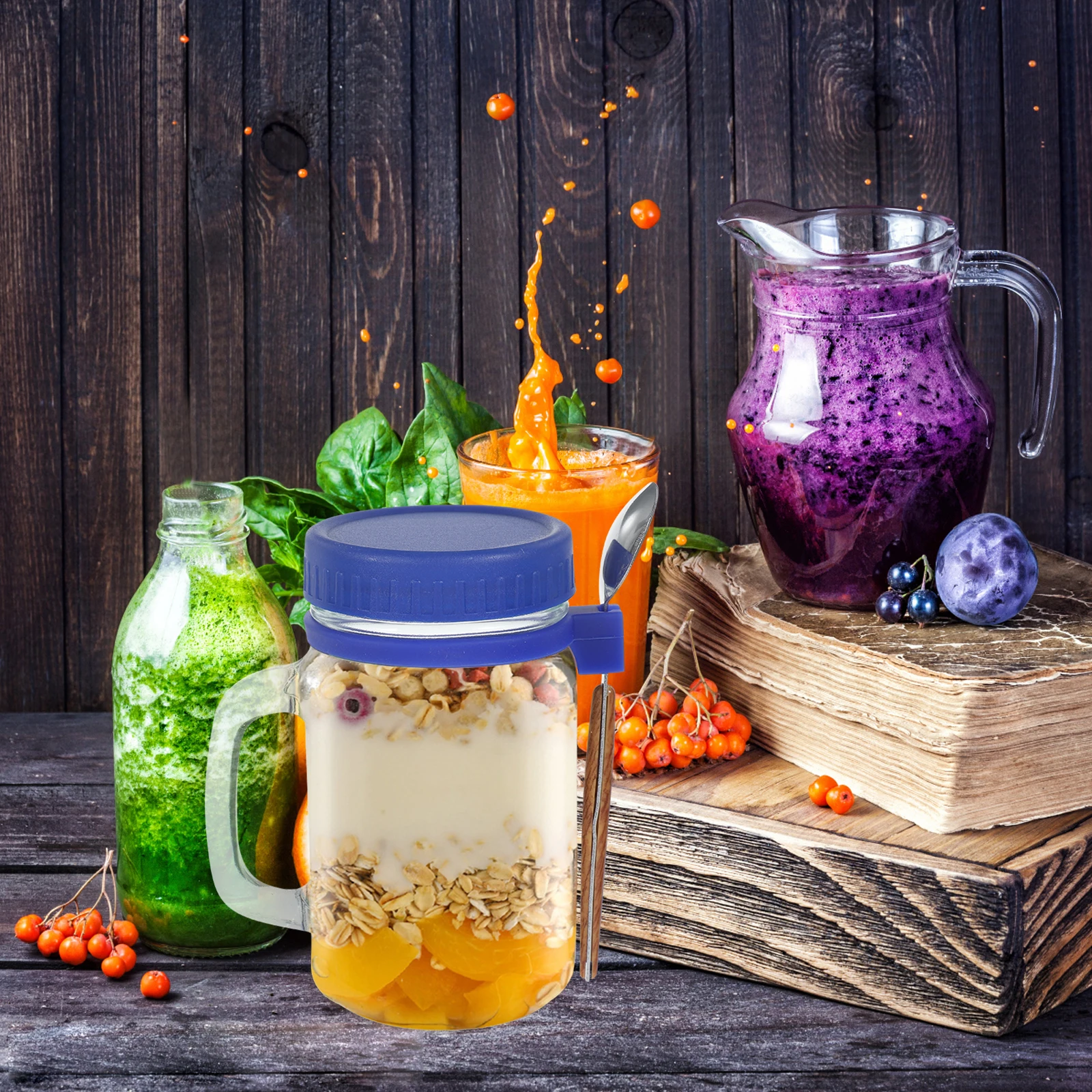 

Portable 480ml Glass Cup Large Mouth Jar Containers Spoon Oatmeal Jar Overnight Oats Breakfast Storage Houseware