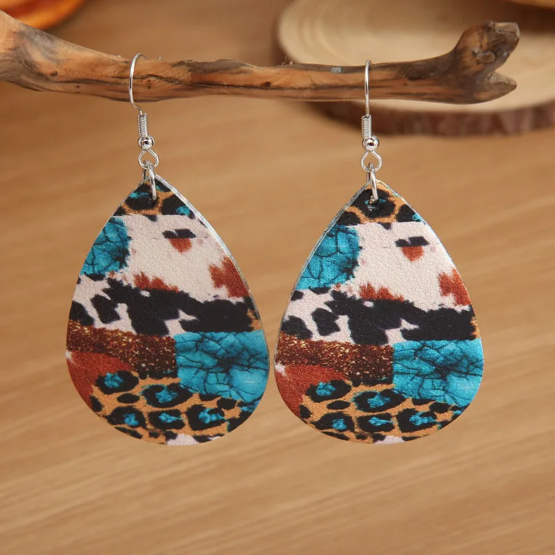 New Drop Shaped Vintage Cow Leopard Print Leather Mom Charm Earrings Western Style Turquoise Pattern Women's Dangle Earrings