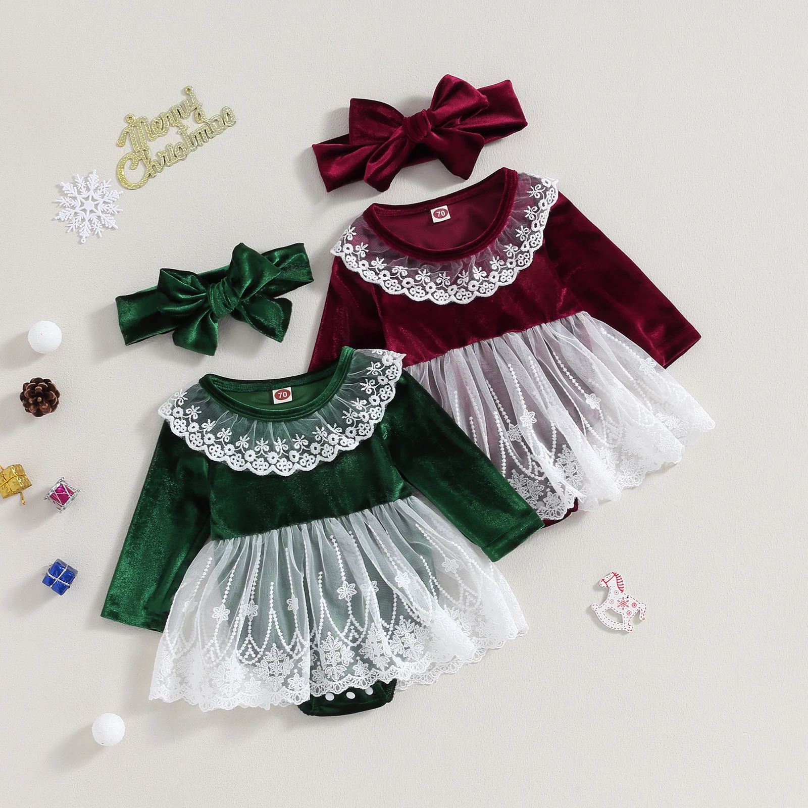 

Infant Girl Velvet Rompers Dress Christmas Clothes Lace Patchwork Skirt Hem Jumpsuits Newborn Bodysuits with Headband