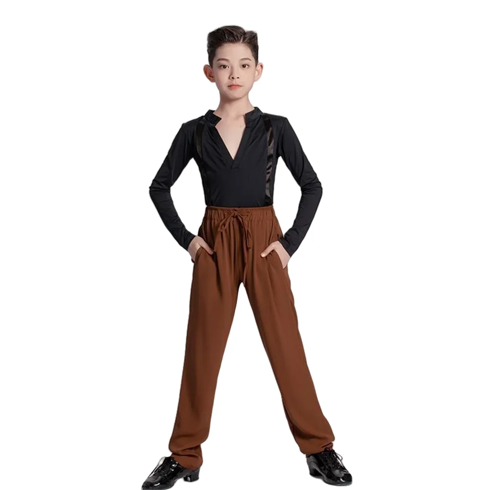 Nouveau pantalon de danse latine à lacets pour enfants marron pantalon d'entraînement de danse rumba cha samba pour garçons tube droit polyvalent danse latine par