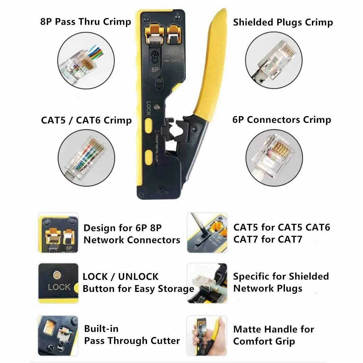 ZoeRax RJ45 Pass Through Crimping Tool Crimp Tool for RJ45 RJ12 RJ11 Connectors CAT6a Shielded Modular Plugs