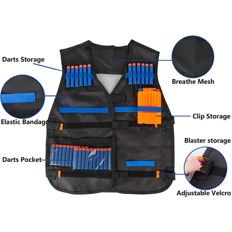 Kids Tactical Vest Kit for Nerf Toy Guns Series with Refill Darts Reload Clips Tactical Mask Wrist Band and Protective Glasses