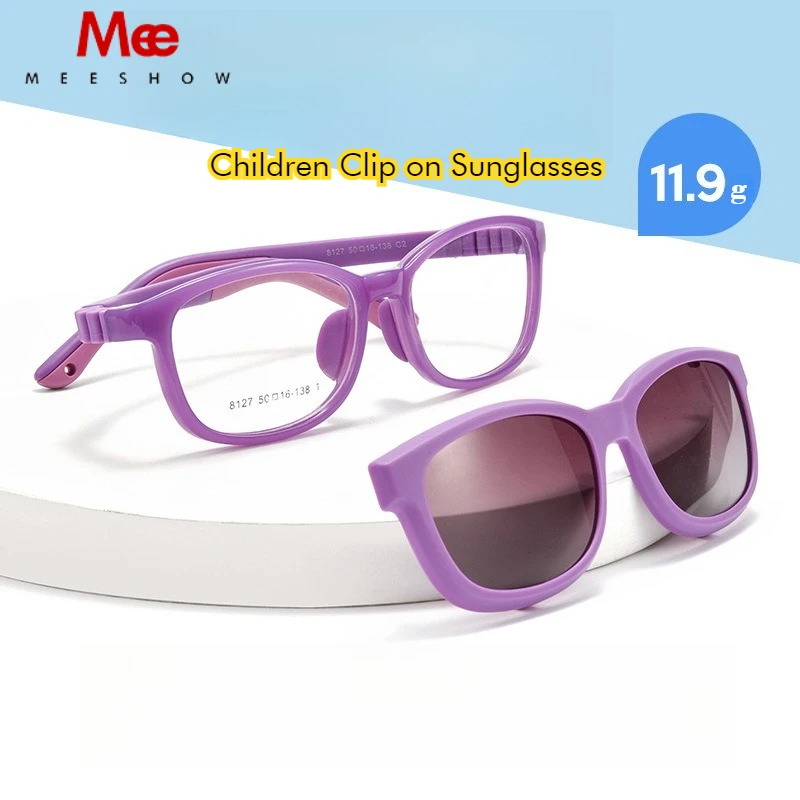 MEESHOW Classic Kids Silicone Clip on Sunglasses Myopia TR Eyeglasses Frames 133mm Children Polarized Sun Glasses Prescription