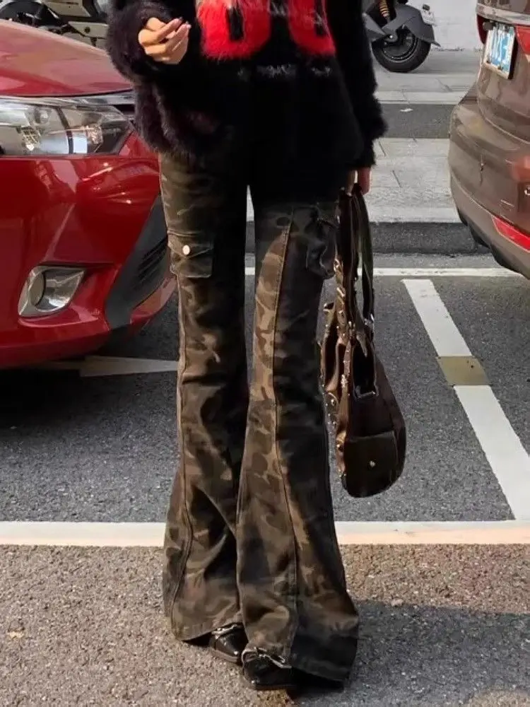 Camouflage Baggy Y2k Cargo Jeans Damen Hohe Taille Harajuku Ästhetische Denim Hose Vintage 2000er Jahre Trashy Hose Pantalones