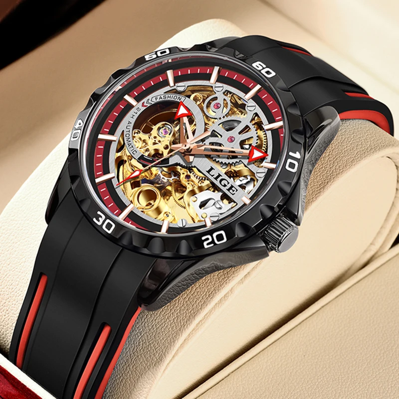 

Мужские часы LIGE, лучшие брендовые роскошные часы с силиконовым ремешком, водонепроницаемые, механические, с ажурным циферблатом, для мужчин, повседневные, спортивные, автоматические наручные часы.