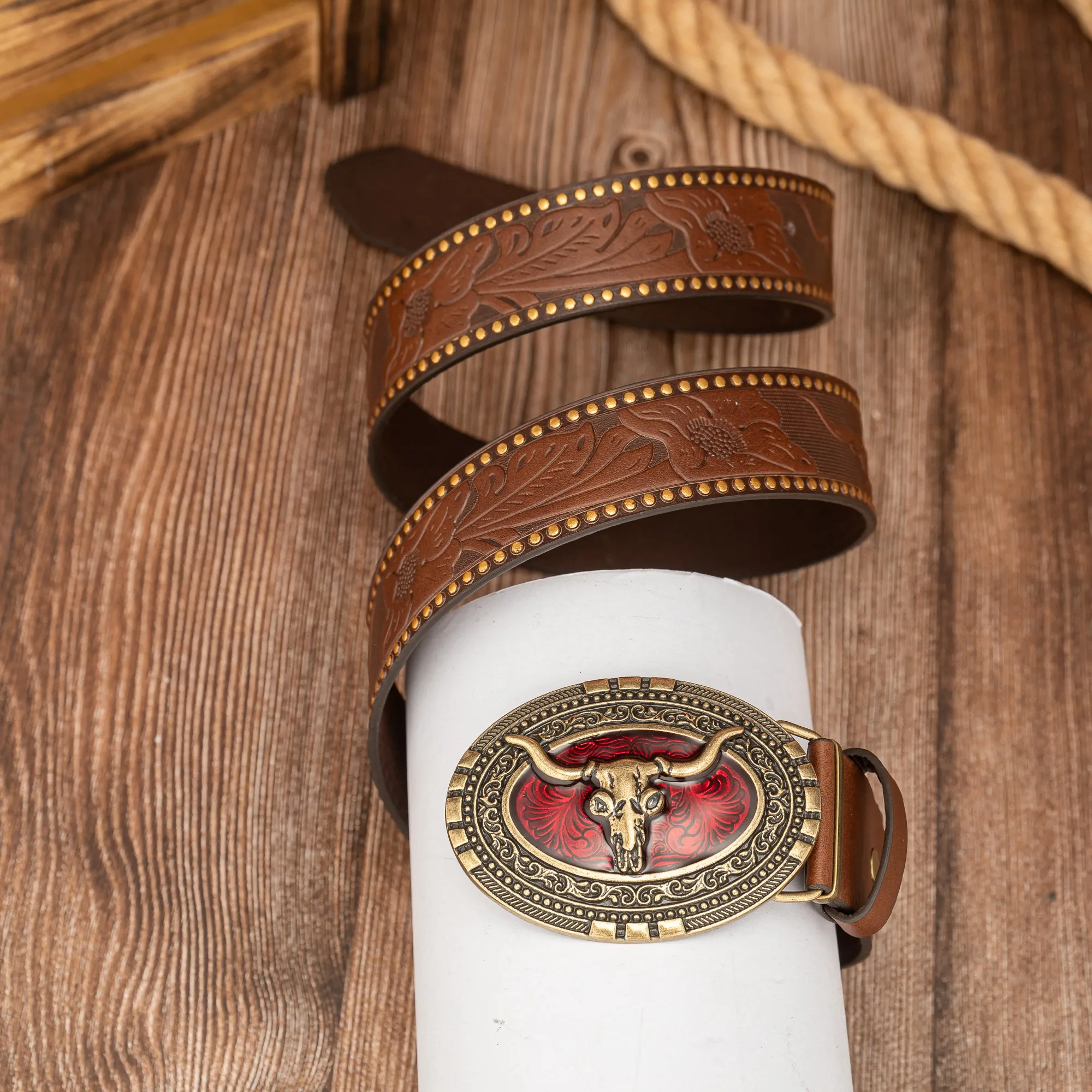 Oval-Shaped Patterned Pointed Horn Bull Head Red Oil-Dripping Buckle Trendy and Unique Bull Head PU Embossed Hand-Painted Belt