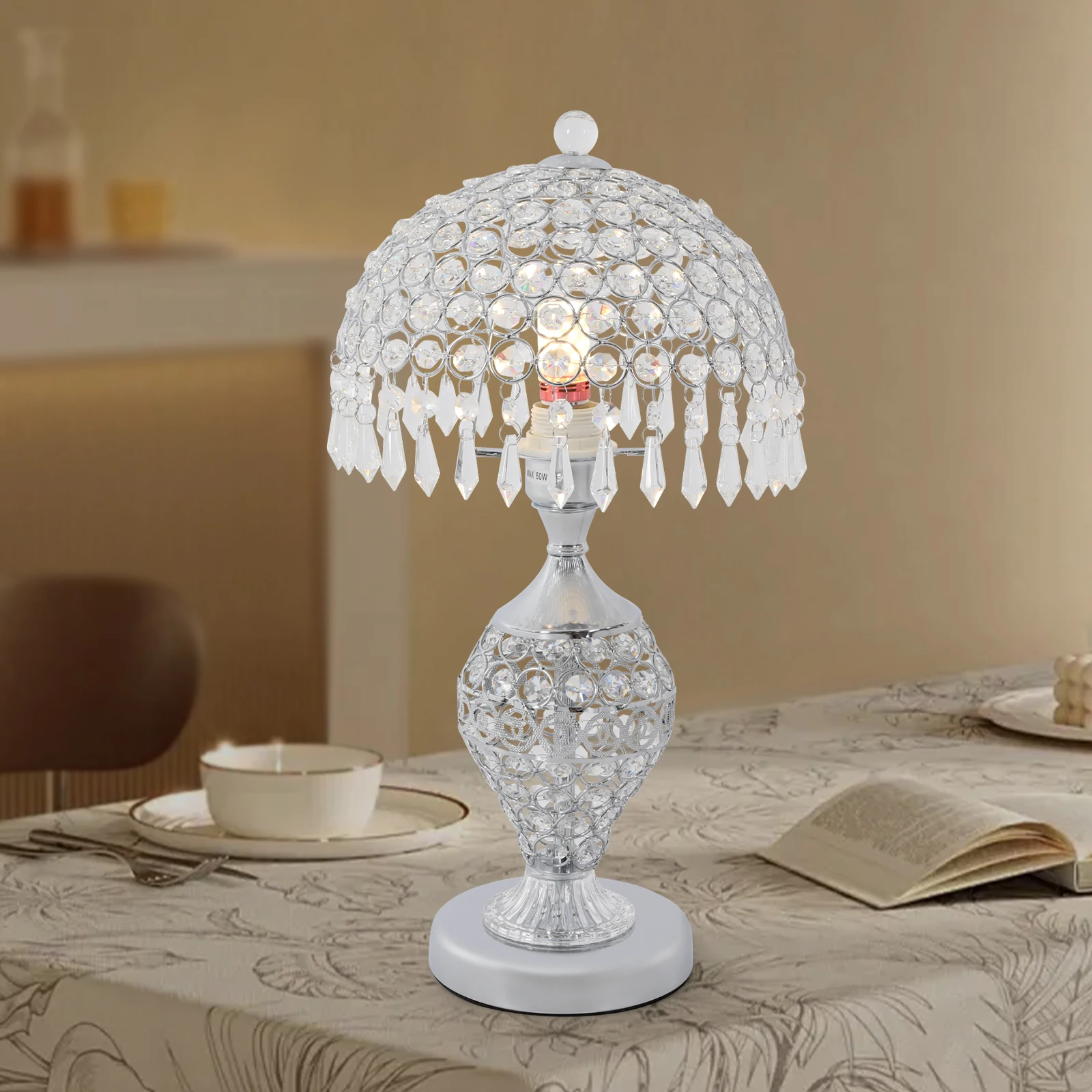 مصباح طاولة كريستال حورية البحر فضي - مصباح ديكور فاخر حديث مع مفتاح زر ضغط وحامل E26 لغرفة النوم وديكور المقهى