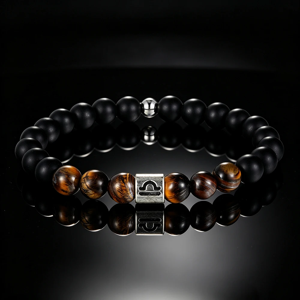 Handgefertigtes 12-Sternzeichen-Armband, elastisch, mit natürlichen Tigeraugensteinperlen, Sternzeichen-Anhänger, Unisex-Geburtstagsgeschenk für Männer und Frauen – Detail 4