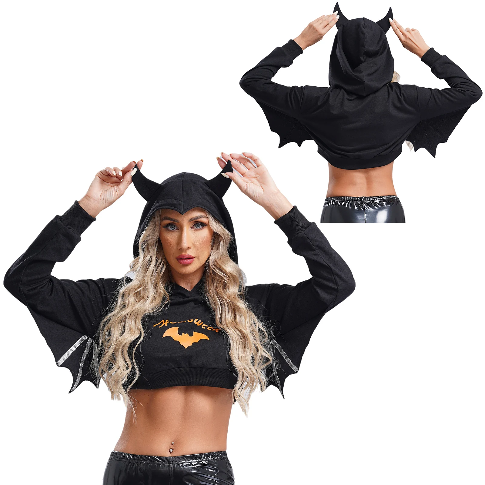 Womens Halloween Costume Black Batwing Hooded Sweatshirt Drawstring Hood Long Sleeve Stylish Print Crop Top Outerwear Streetwear