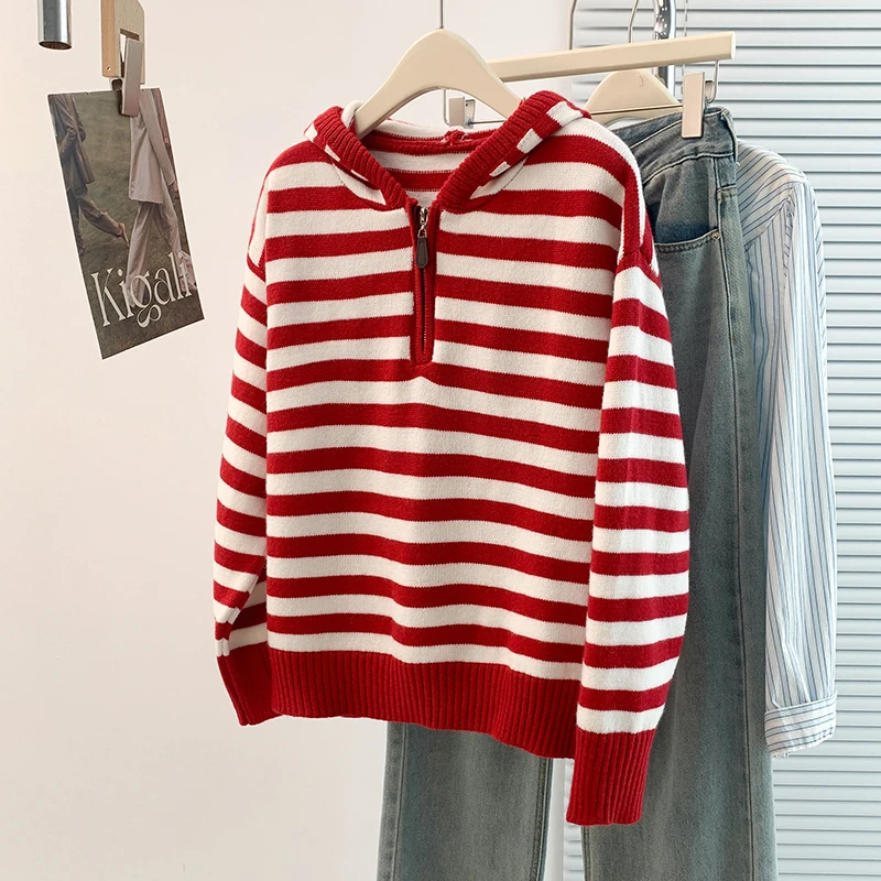 

Y2K American Retro Stripe Hoodie Women Long Sleeve Oversized Tops Streetwear Pullover Korean Fashion Hoodies Knitwear Coats 2025