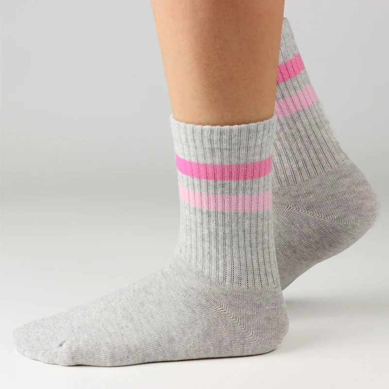 4 pairs long pink, white and grey girls' sports socks,  a retro striped heart pattern.  kid's socks suitable for all seasons. image 3