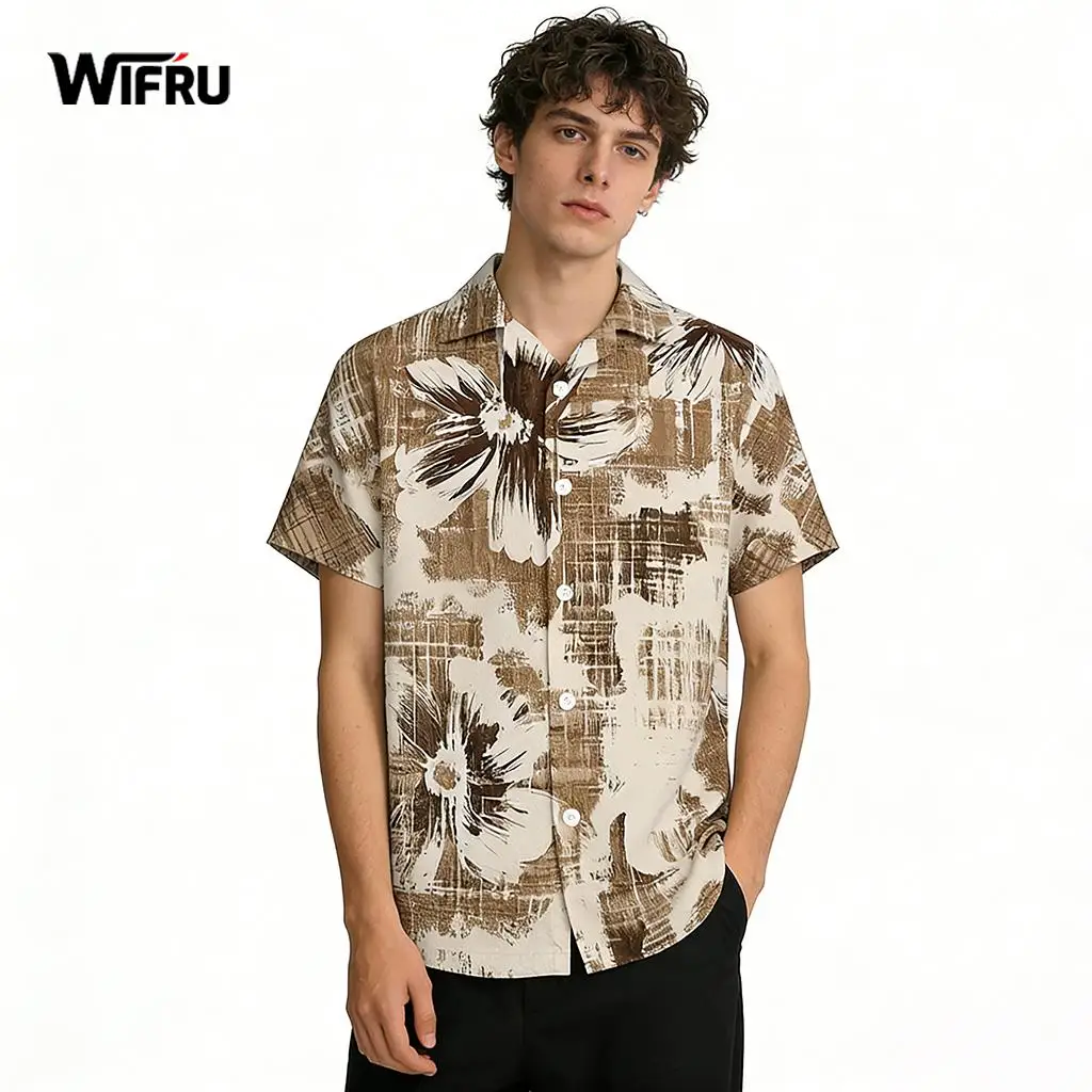 Vintage Distressed Floral Shirt Men's Vacation Casual Hawaiian Shirt WIFRU New Lightweight Breathable Lapel Short Sleeve Tops