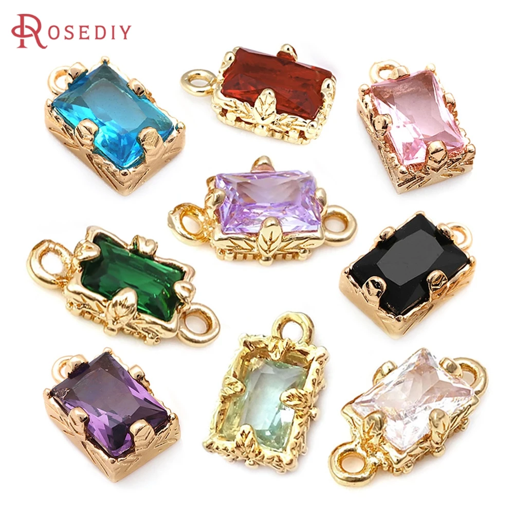 10PCS 18K Gold Color Brass Zircon 2 Holes Rectangle Connect Charms Pendants High Quality Diy Necklace Earrings Jewelry Making