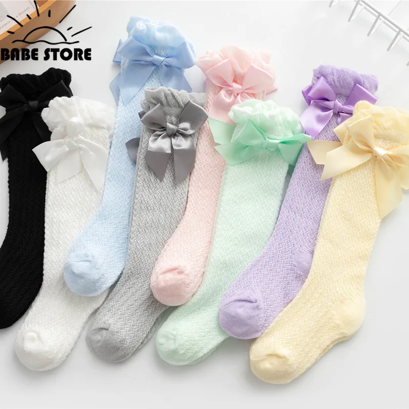 

0-3Year For Baby Girls Socks Summer Kids Knee High Long Sock Children Bow Tie Out Cotton Mesh Socks Infant Thin Soft Solid Sock