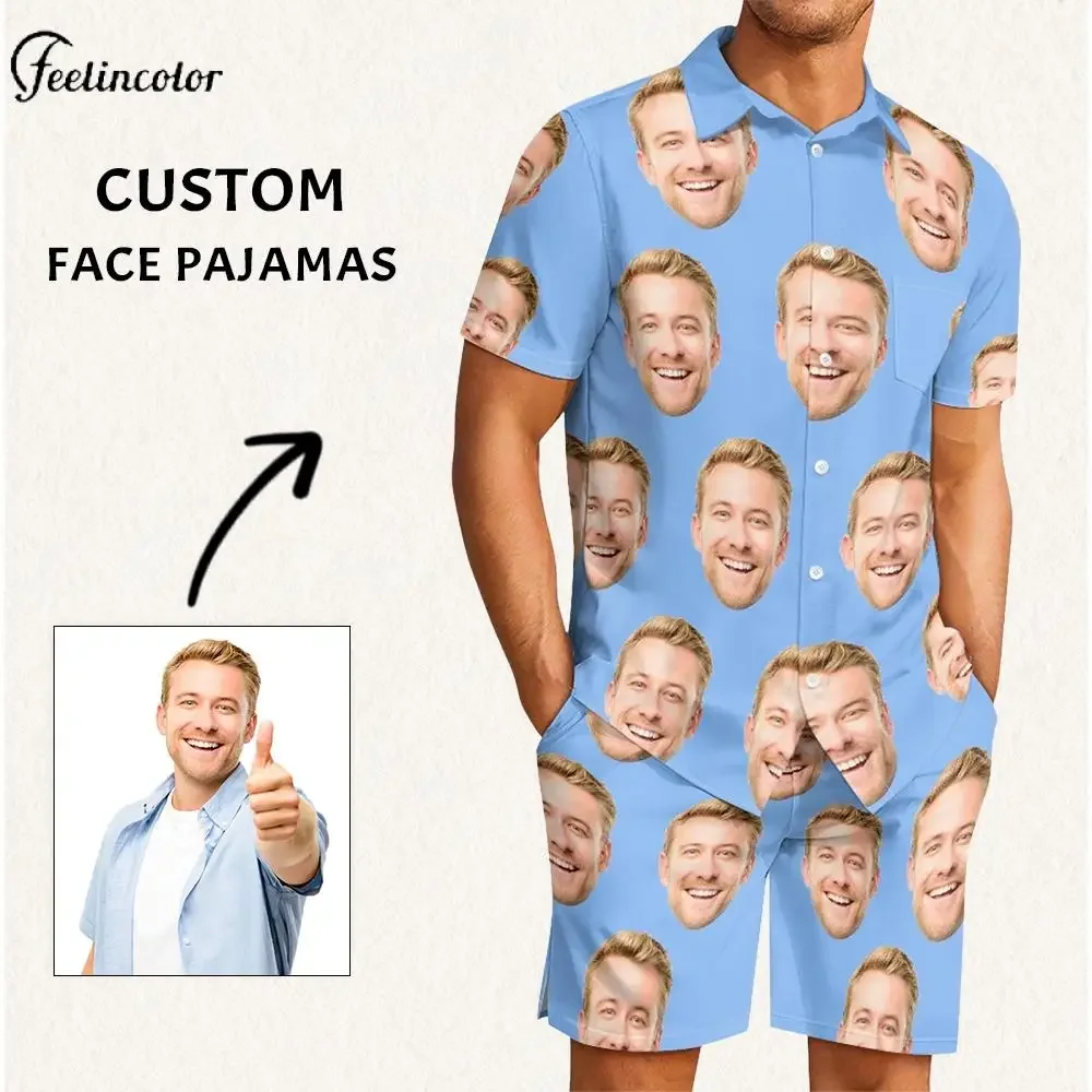 Customized Your Picture Men's Face Pajama Set Personalized Photo All Over Print Loungewear DIY Short Sleeve Shorts Sleepwear