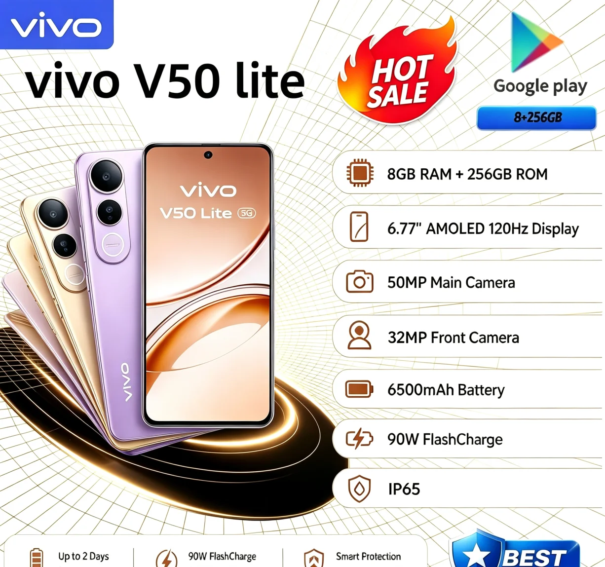 Hot Sale 2026 Global Unlocked VIVO V50 Lite Smartphone 8GB+256GB Large Storage 6.58‑Inch Full‑View Screen Dual 64MP Rear Camera