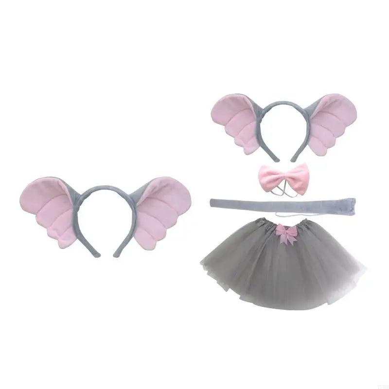 

77HE Elephant Costume Set Elephant Ears Headband Bow Tail Skirts Halloween Props