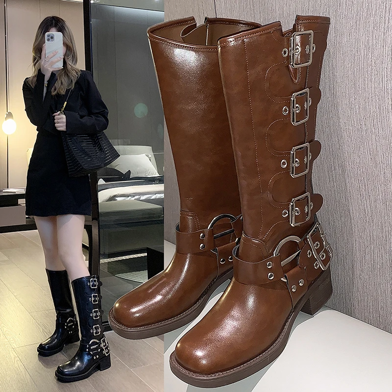 Bottes à plateforme cloutées au genou pour femmes, chaussures de moto, talon moyen, knight skip, gothique, élégant, printemps, été