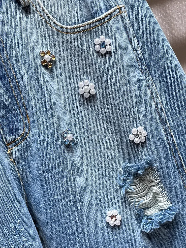

Women Distressed Wide Leg Jeans Flower Beaded Embellished Ripped Denim Pants Retro High Waist Frayed Hem Casual Trousers