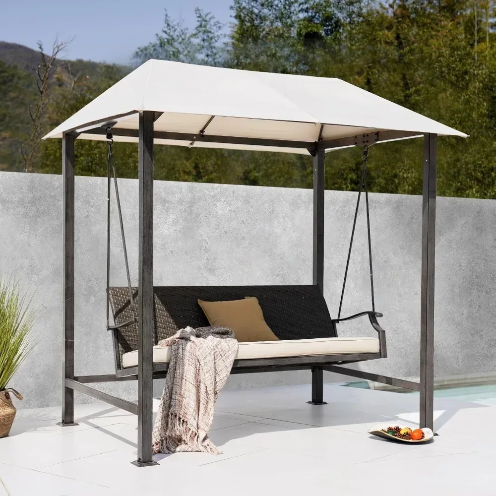 

Grand Patio Outdoor Porch Swing 3-Seat with Canopy, Removable Olefin Cushion for Garden, Backyard, Poolside, Beige