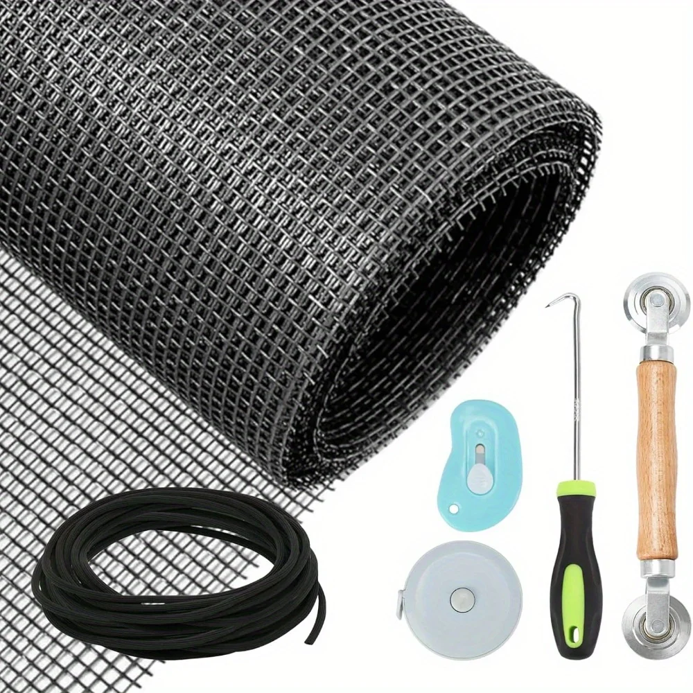 1Set Washable Durable Fiberglass Windows Screen Replacement Kit 48x118 Black Mesh Repair Tool Set for Window Door Patio