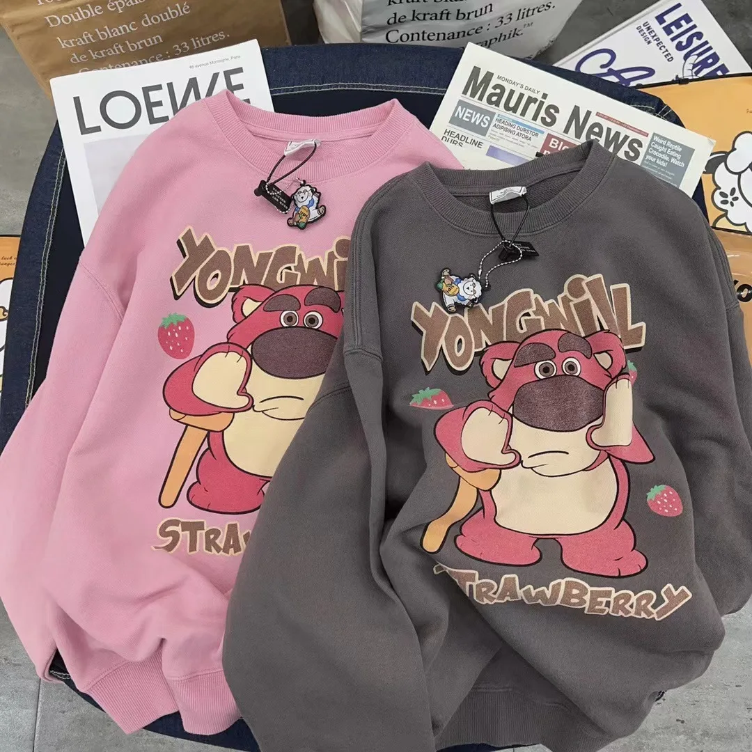 Popular Lots-O\'-Huggin\' Bear Cartoon Round Neck Sweatshirt Spring Kawaii Girl Strawberry Bear Loose Velvet Top Quality Gift