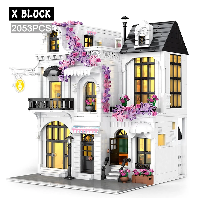 Ideas Building Blocks Open-Air Garden Outdoor Balcony European-style Villas Flower Street Model DIY Ideas Bricks Toys For Friend