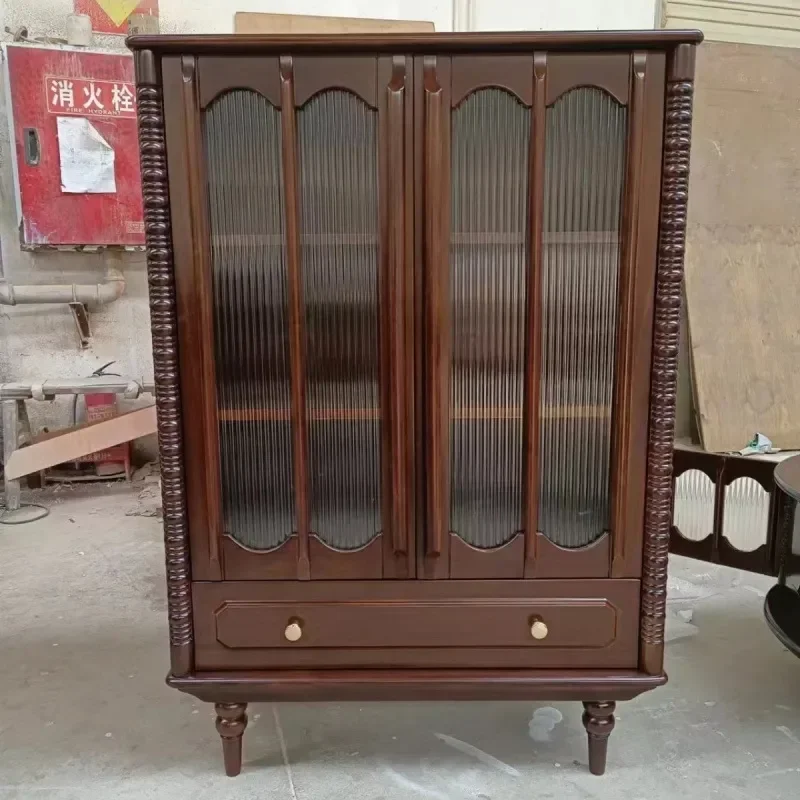100 Percent Cherry Wood Medieval Style Pure Solid Wood Double Door Wine Cabinet Living Room Tea Storage Household Functional