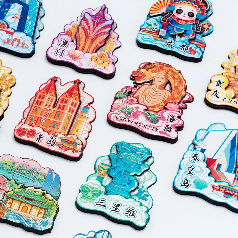 ملصق مغناطيس الثلاجة الصيني الخشبي لمناظر المدينة من Dunhuang، تذكار مغناطيسي إبداعي للسفر، ملصق ثلاجة