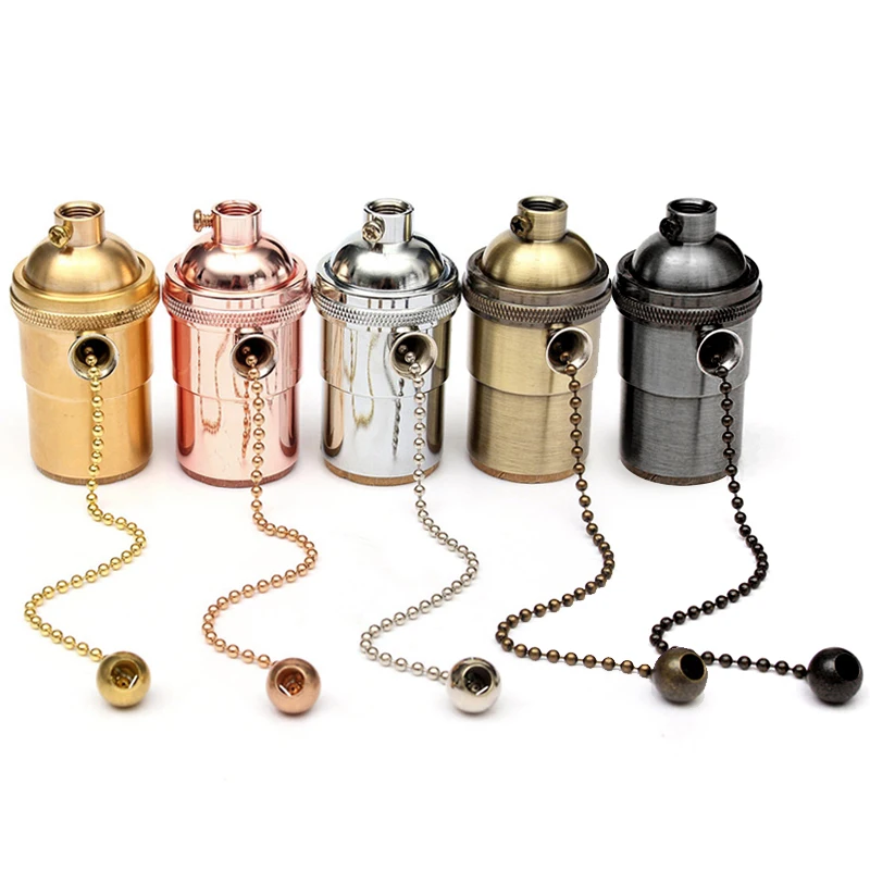 GANRILAND DIY E27 Lamp Base Zipper Retro Antique Brass Aluminum Lighting Screw Socket Industrial Lamp Holder With Chain Fitting