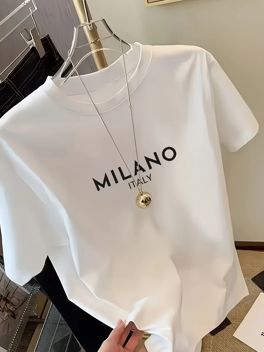 Women'S White MILANO ITALY Letter Short-Sleeved T-Shirt, Easy Ins Style, Cool And Smooth Fabric, Loose And, Daily