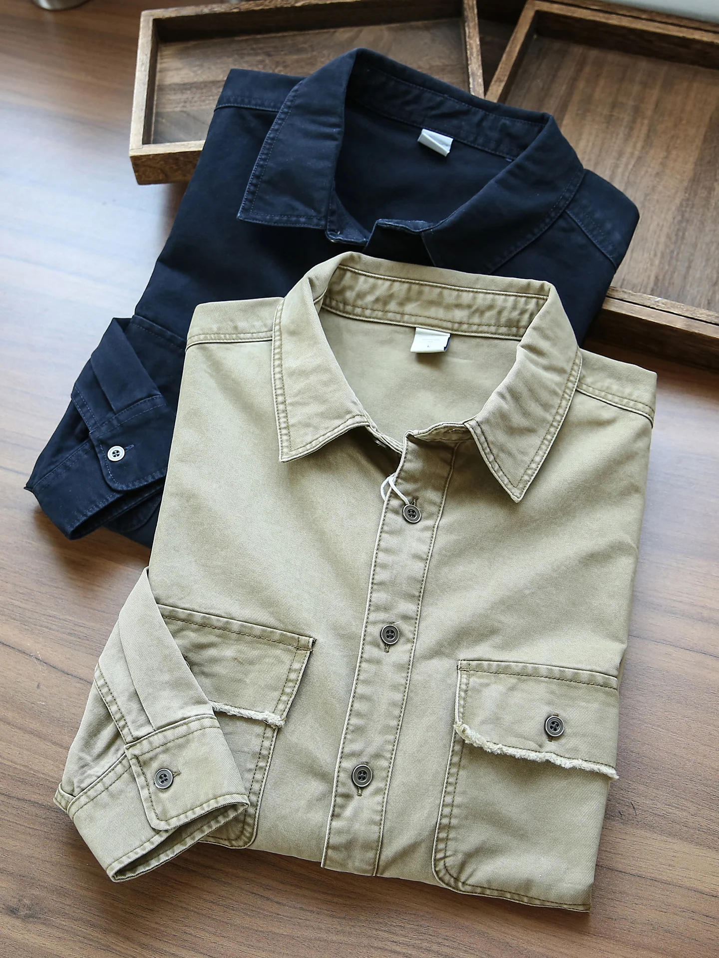 

Retro American Cotton Work irt Men's Loose Fit Long Sve Waed out Casual Sle Warm Regular Length Pure Color Button down