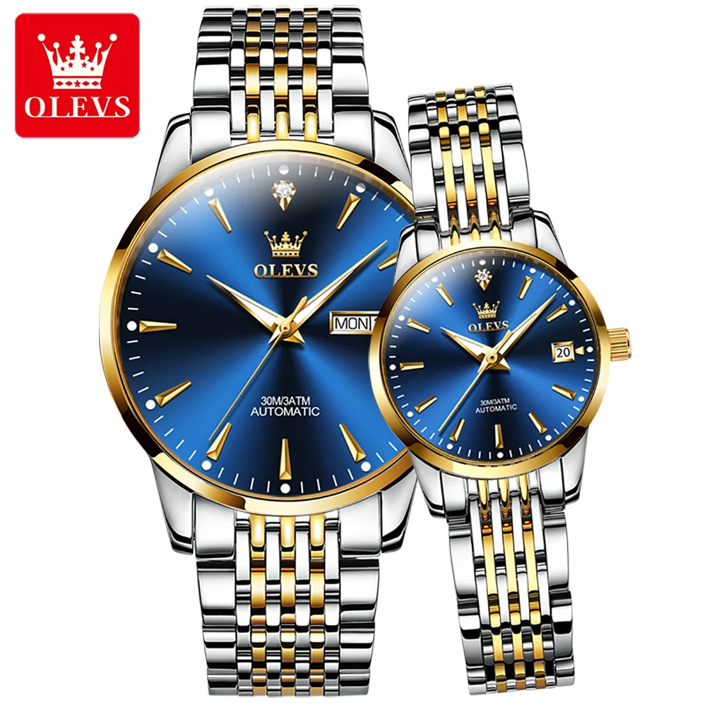 OLEVS 6635 Luxury Brand Couple Watch Chronograph Date Automatic Mechanical Wristwatch Waterproof Stainless Steel Watch for Lover