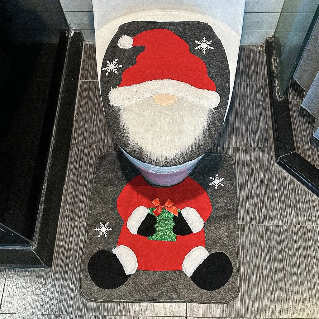 Christmas Toilet Decoration Set Eye Catching Christmas Bathroom Mat 2 Piece Toilet Cover Set Plush For Home Bathroom Holiday