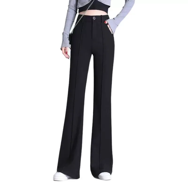 Pantaloni da abito casual elasticizzati e vestibilità slim a vita alta autunno e inverno 2025 da donna con velluto aggiunto e nero addensato