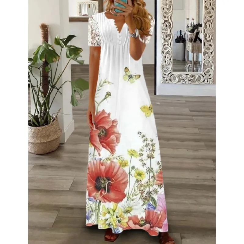 Bohemian Autumn Ladies Maxi Dress Office Lady Streetwear New Summer Long Sleeve Women Casual Printed Fashion V-Neck Party Dress
