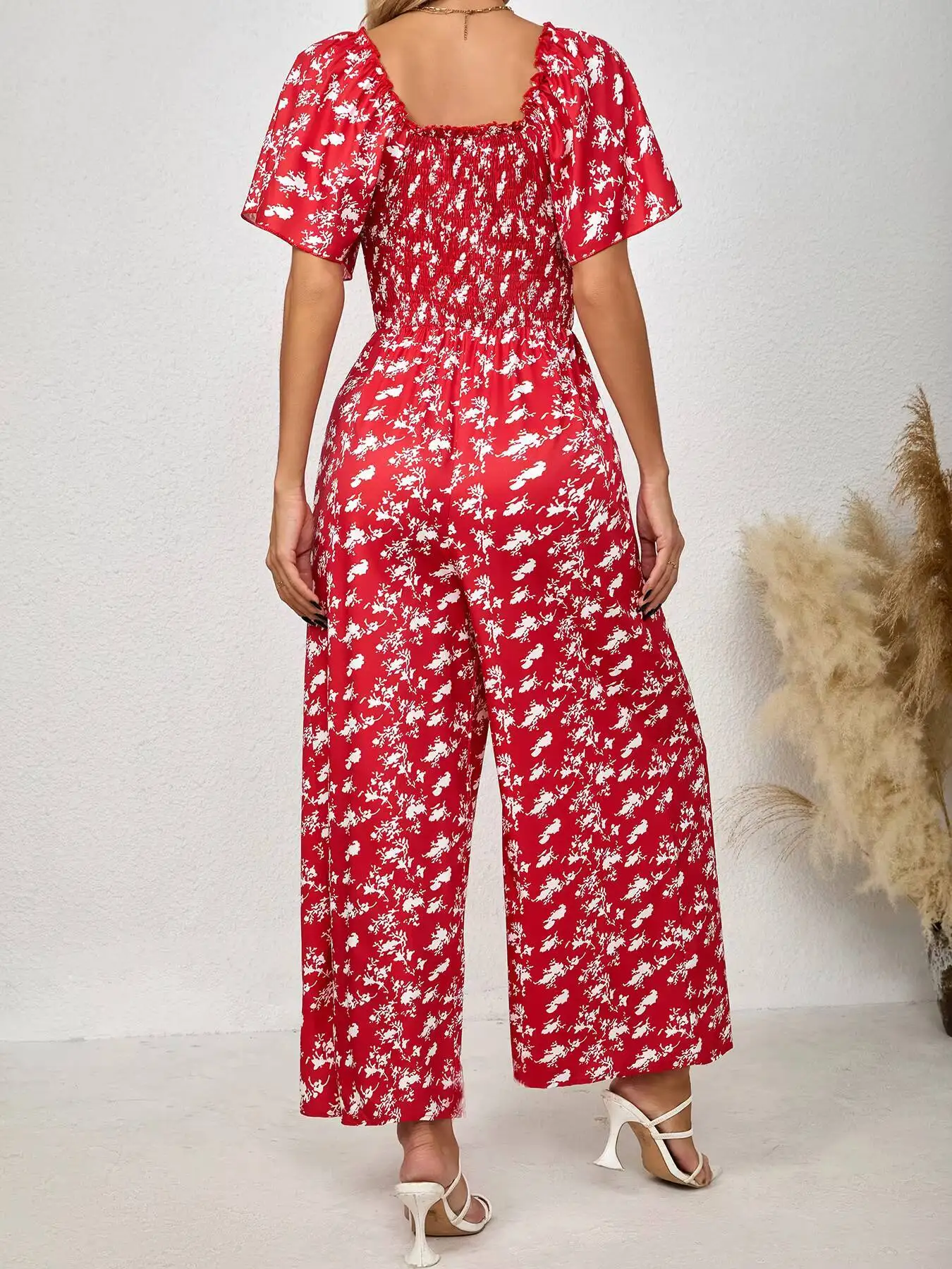 Women's Red Jumpsuit Floral Print Square Neck Flutter Sleeve Smocked Waist Wide Leg Spring Summer Party Casual Vacation Romper view 2
