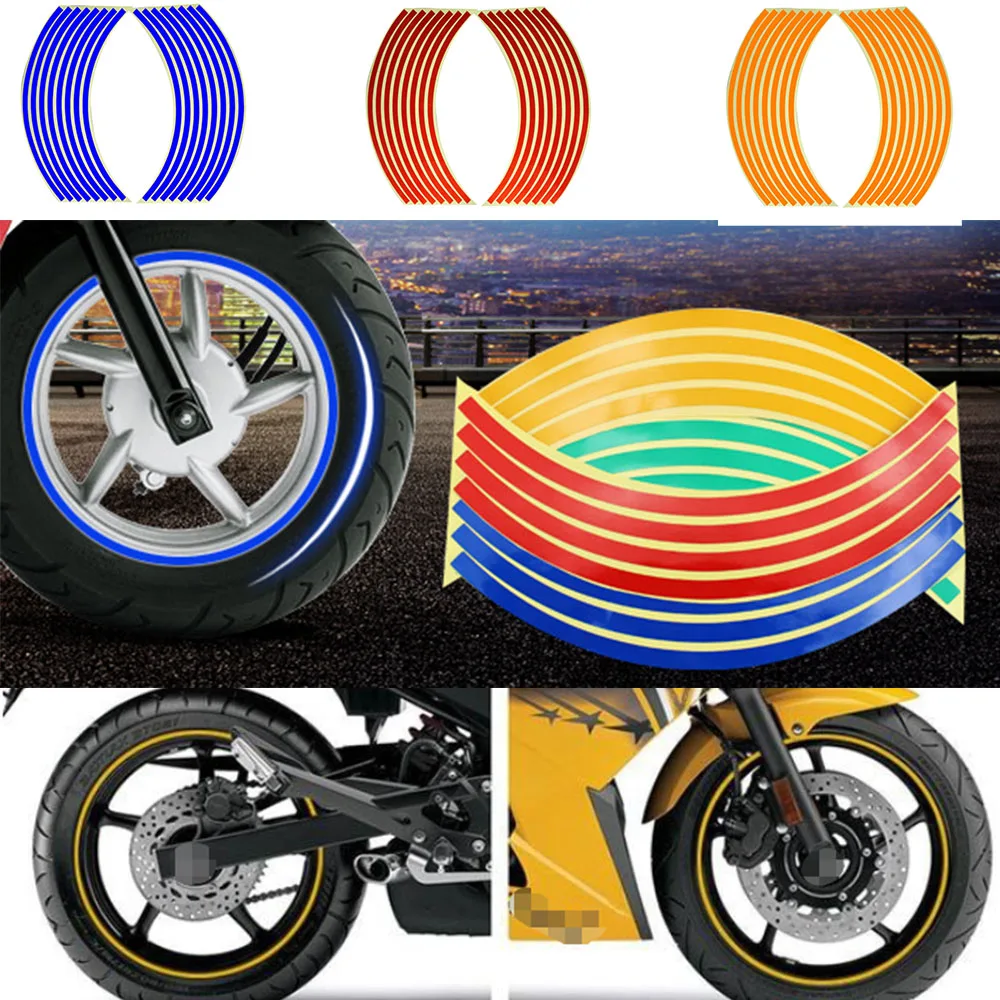 

16pcs/lot Motorcycle Wheel Sticker 18" Reflective Rim Stripe Tape Car Bicycle Wheel Decoration For Honda For Kawasaki