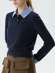FSLE Women Fake Two Design Sweaters Patchwork Polo Neck Female Navy Blue Short Pullover Sweater Grey Casual Knit Top 24FS14729