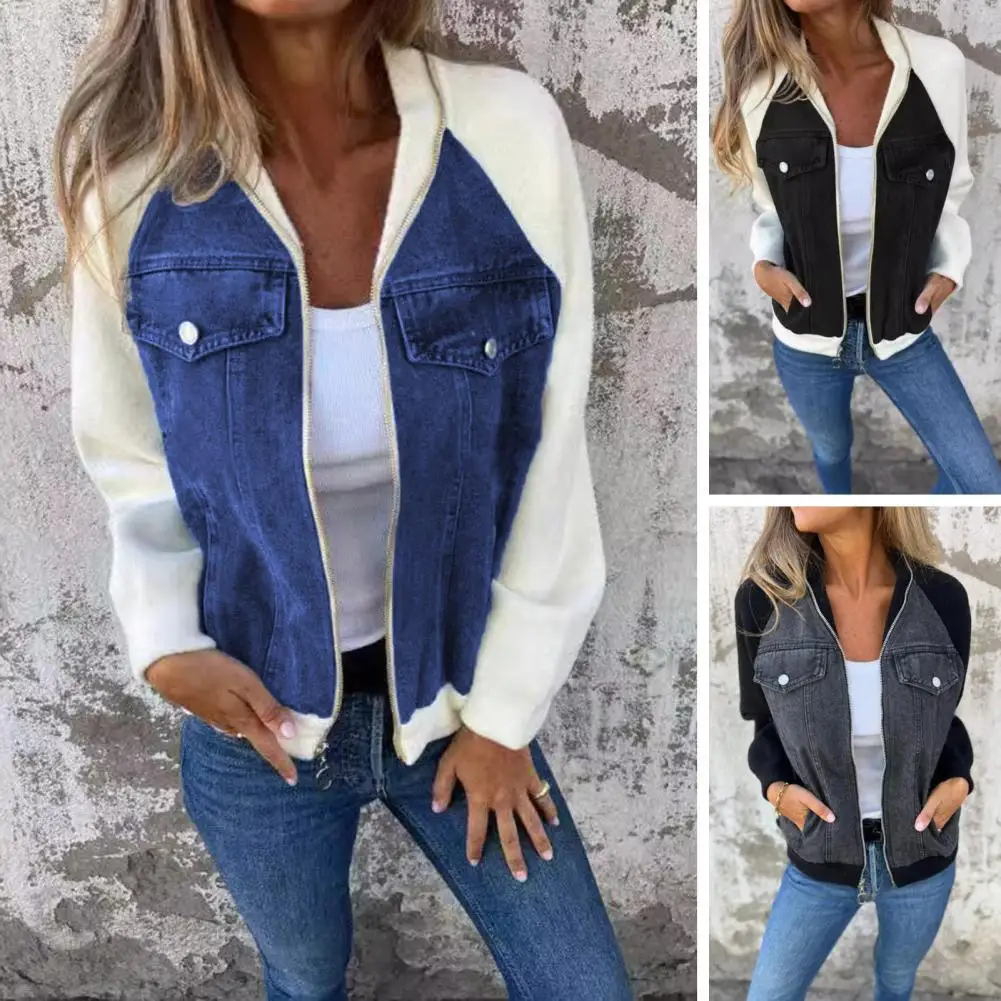 Contrast Color Long Sleeve Jacket Colorblock Zipper Closure Hooded Women's Jacket with Fake Chest Pocket Detail for Daily