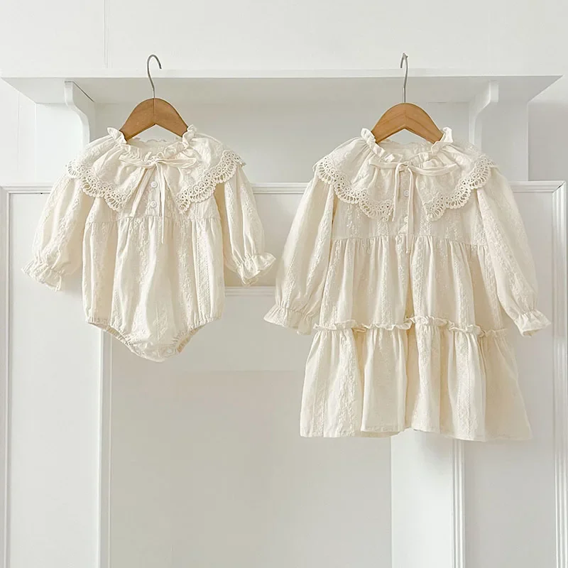 Spring New Baby Children's Clothes Infant Lace Lapel Bodysuit Cute Girls' Embroidery Princess Dress Korean Sisters Dress